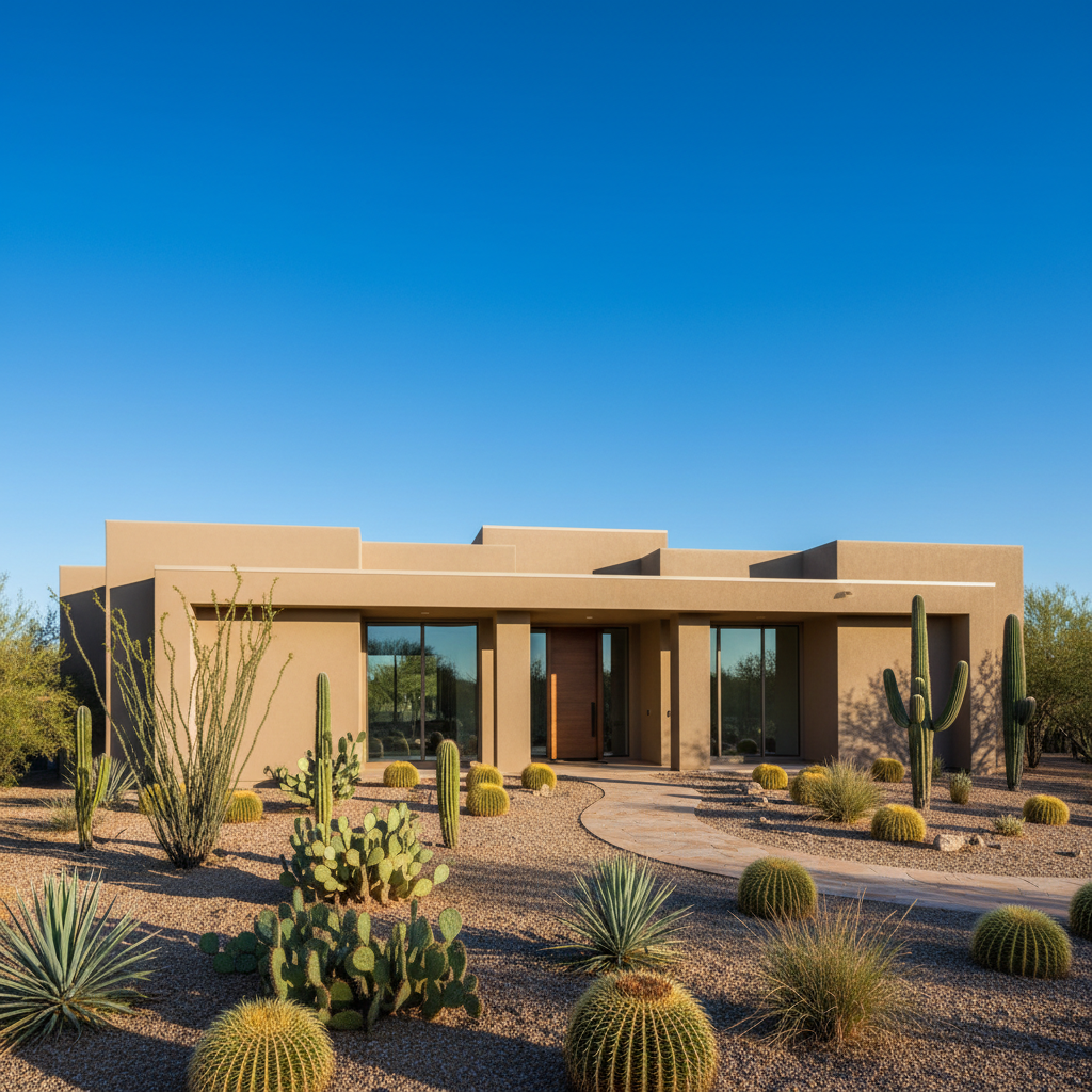 Scottsdale home exterior with desert landscaping showing clear blue sky before monsoon season preparation